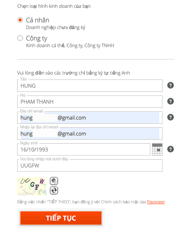 điền thông tin cá nhân với payoneer