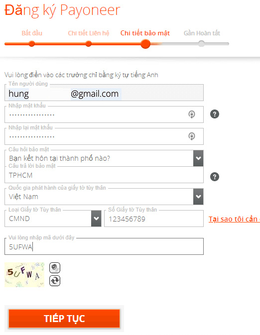 Chi tiết bảo mật đăng ký payoneer