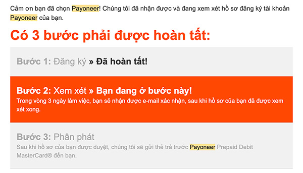 email nhận được khi hoàn tất đăng ký với payoneer