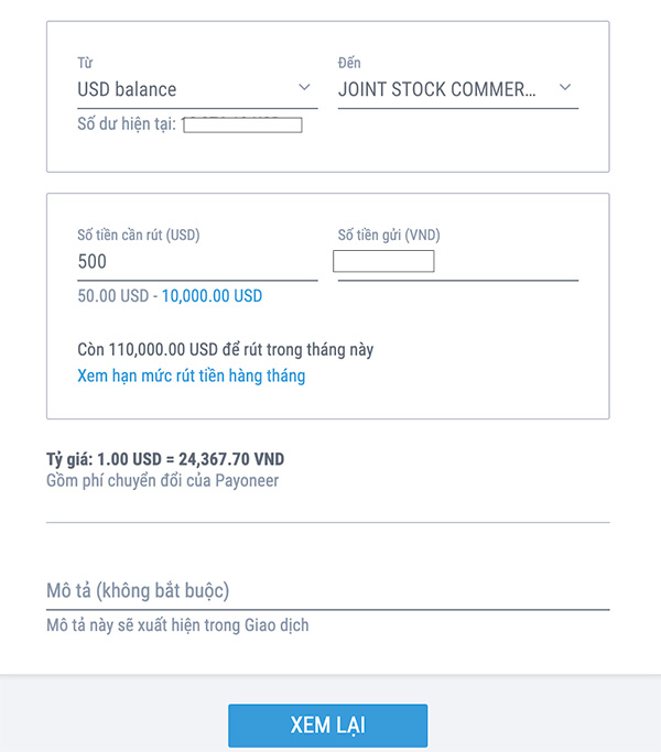 Rút tiền trong payoneer