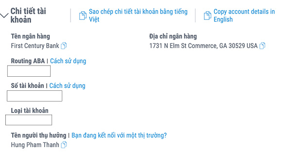 Thông tin tài khoản nhân tiền payoneer