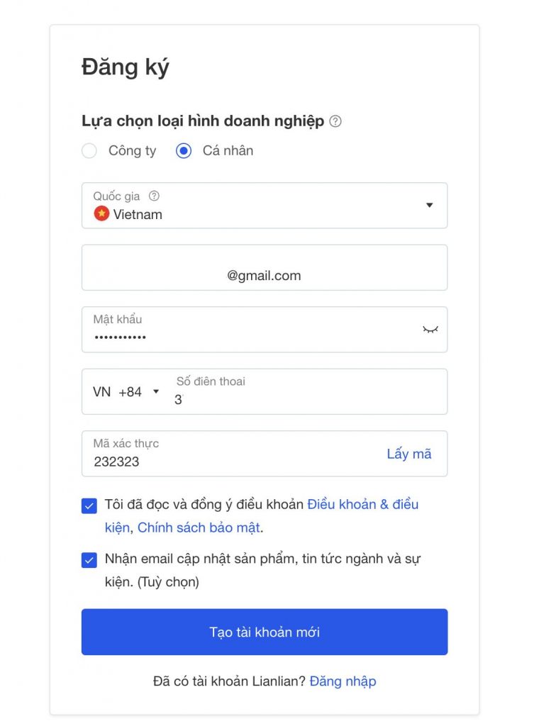 đăng ký cá nhân lian lian
