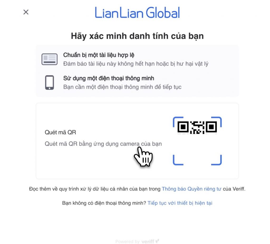 quét mã QR code để xác minh danh tính khi đăng ký Lian Lian